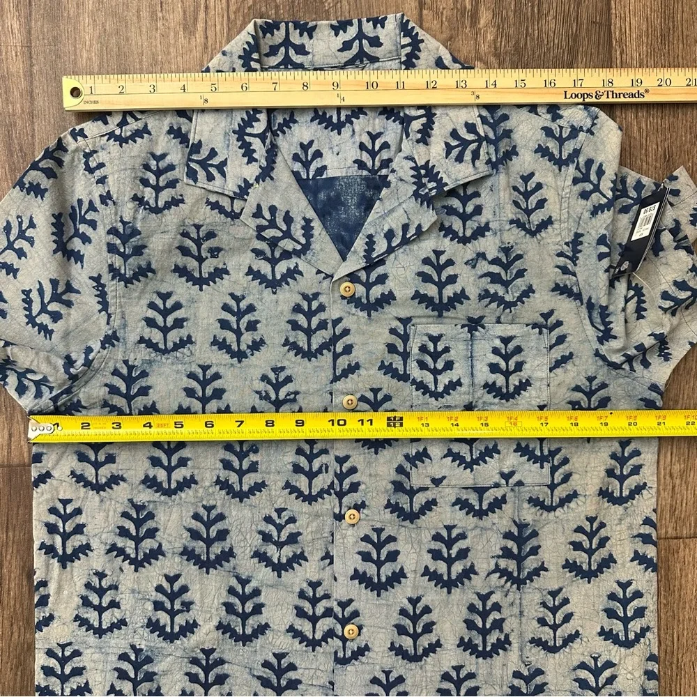 Lucky Brand Leaf Print Button Up Cotton Shirt Men’s Size S Blue Indigo